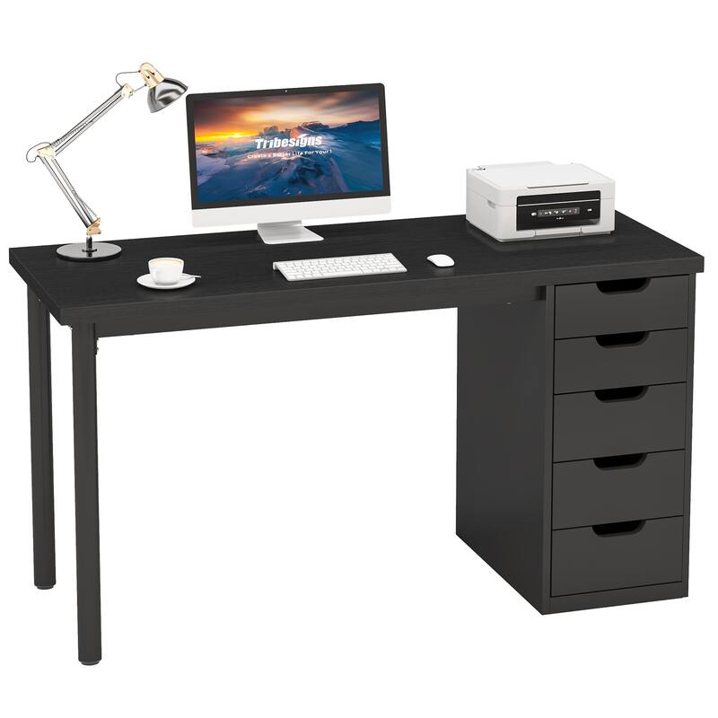 47-inch Computer Desk with 5-drawer, Wood and Metal Writing Desk for Study Living Room