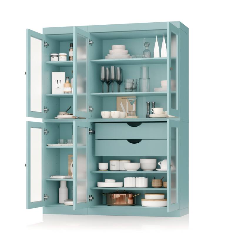 100% Solid Wood 48.5" Pantry Cabinet with Frosted Glass Doors and 2-Drawers