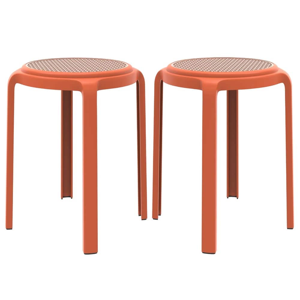 Tresse All-Weather Round Stackable Dining Stool with Wicker-Style Seat for Indoor, Outdoor, Patio, and Kitchen Set of 2