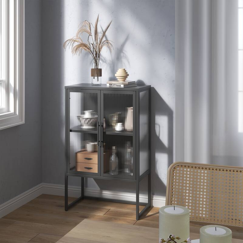 Benvolio 41.34-inch Black Two Door Metal Storage Cabinet with Fluted Clear Doors - 41.34