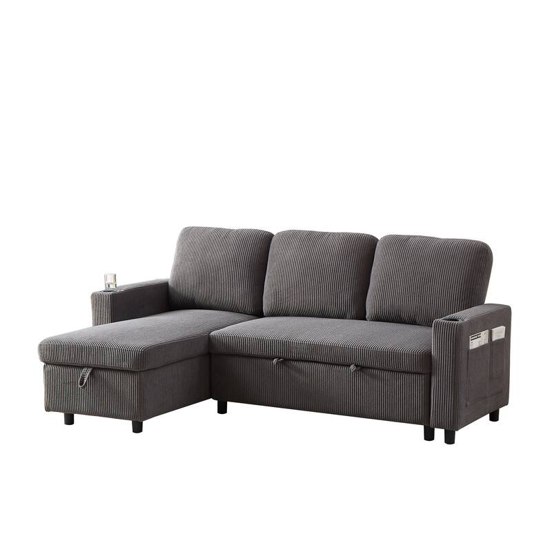 L-Shaped Corduroy Sofa Bed with Pull-Out Sleeper, Reversible Design