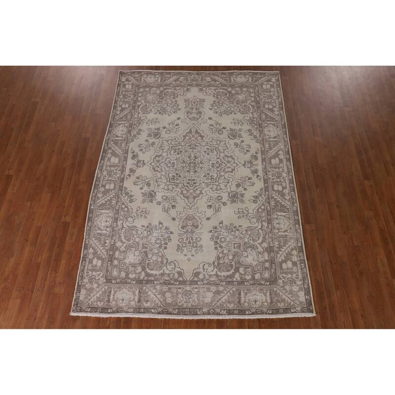 Distressed Tabriz Persian Vintage Area Rug Handmade Beige Wool Carpet - 6'7" x 9'6"