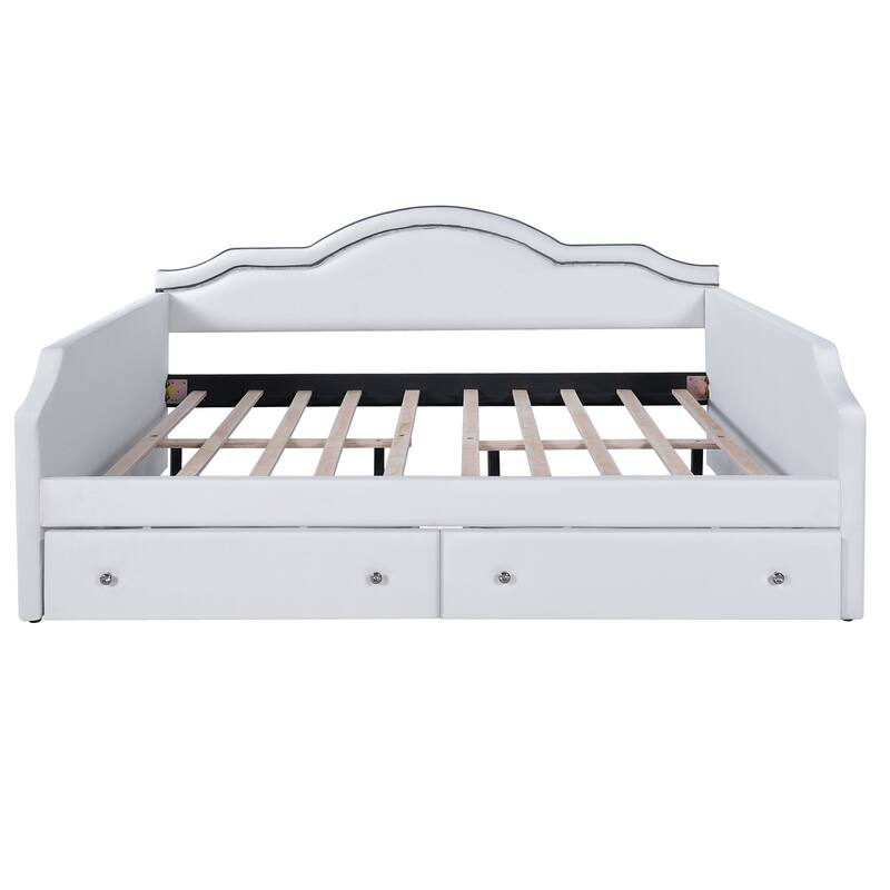 Upholstered Daybed with 2 Drawers, Wave Backrest Frame with Ambient Lighting, No Box Spring Needed Storage Sofa Bed