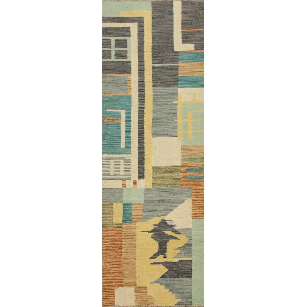 Hand Woven Oriental 100% Wool Carpet Southwestern Modern Multi-Colored Kilim Runner Rug - 8' 3'' X 2' 1''