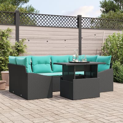 vidaXL 7 Piece Garden Sofa Set with Cushions Black Poly Rattan - 91.7×48.6×27.2