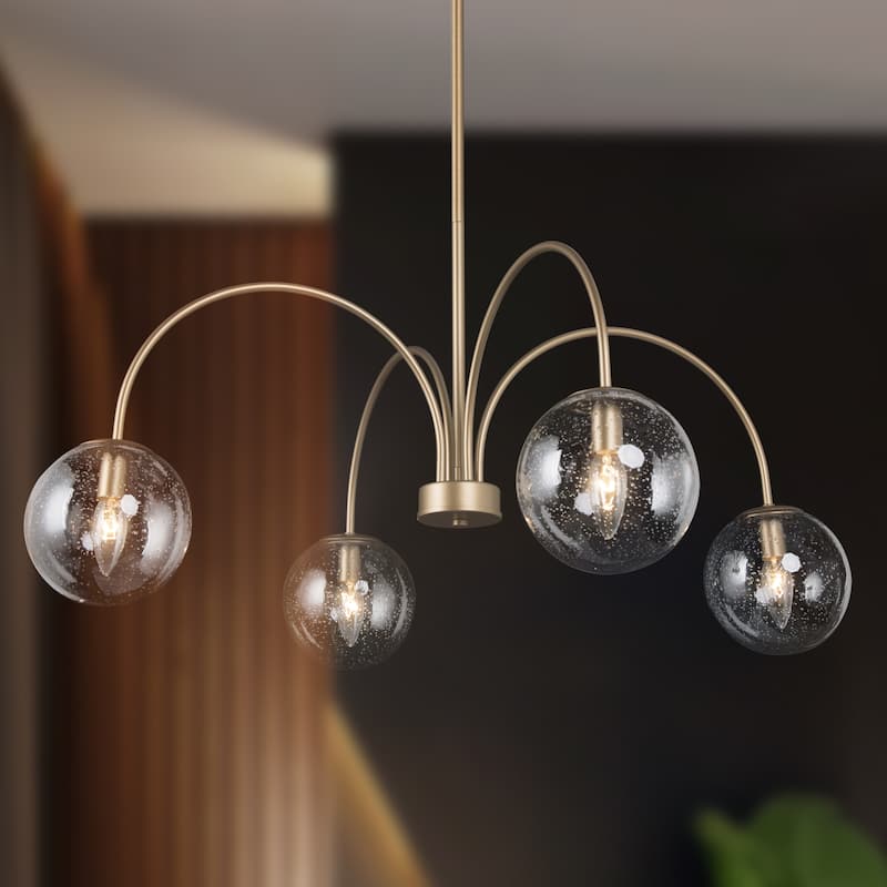 Koini Modern Gold Wheel Chandelier Curved Arms Seeded Glass Adjustable for Dining/ Living Room - Matte Gold - D33" x H79.5"