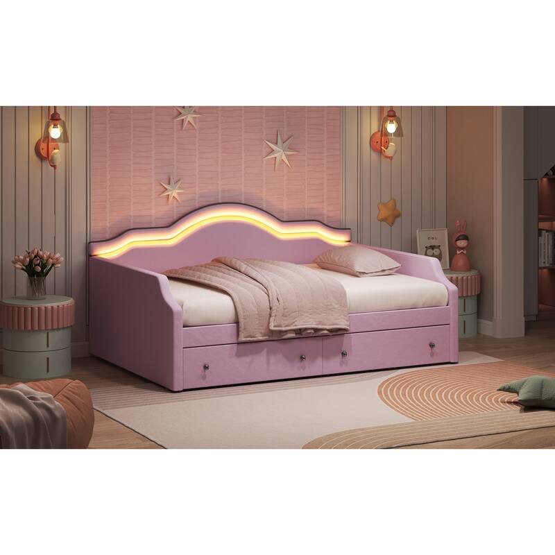 Pink Velvet Upholstered Full Size Daybed with LED Lights and 2 Storage Drawers