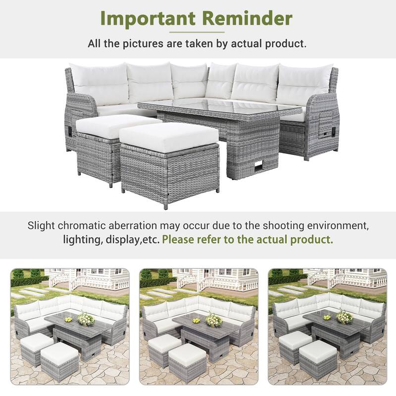 All Weather Outdoor Patio Conversation Sofa Set Rattan L Shaped Sectional Recliners Sofa with Adjustable Table and 2 Ottoman