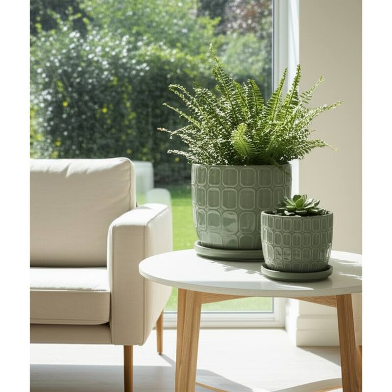 Stoneware Saucer Planters with Embossed Geometric Texture (Set of 2)