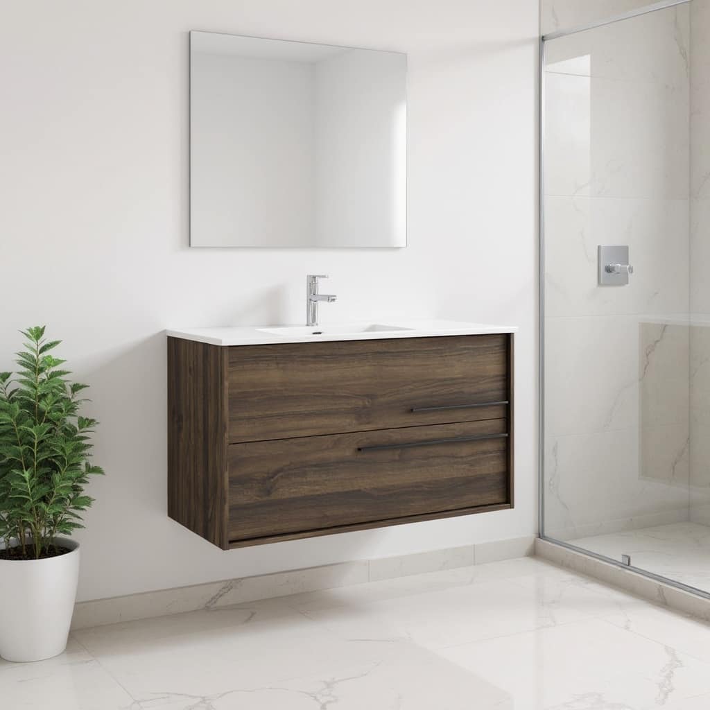 HomeRoots 40" Dark Brown Wood Floating Bathroom Vanity With White Sink And Two Drawers - 40.00 in. x 24.60 in. x 21.60 in.