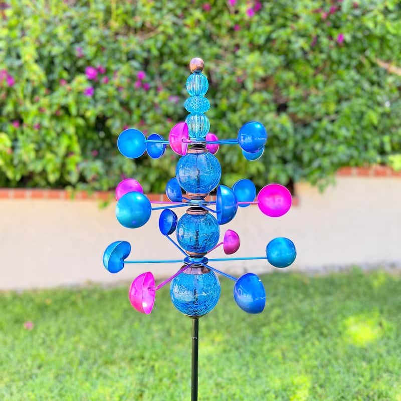 Exhart Three Tier Wind Spinner Garden Stake with Glass Crackle Balls, 14 by 48 Inches