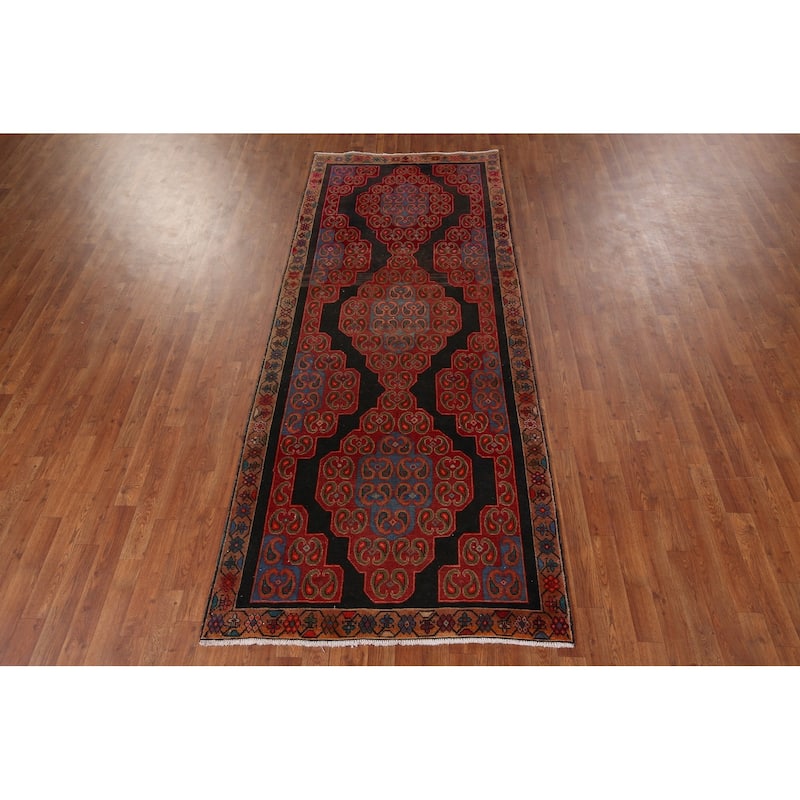 Black & Red Hamedan Persian Vintage Runner Rug Handmade Wool Carpet - 3'9" x 9'4"