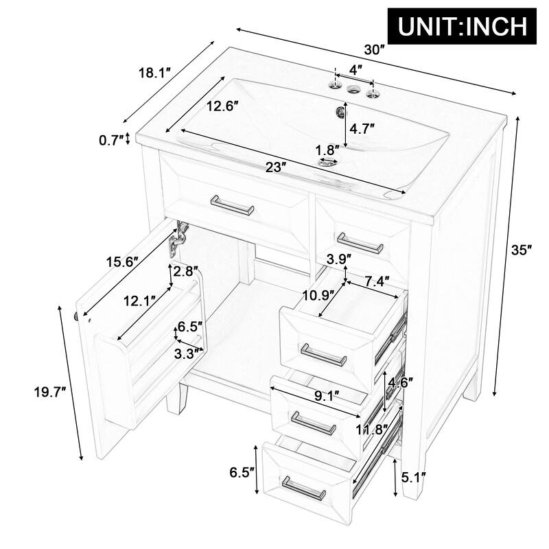 30" Bathroom Vanity With Sink Combo, White Bathroom Cabinet With Drawers, Solid Frame And Mdf Board