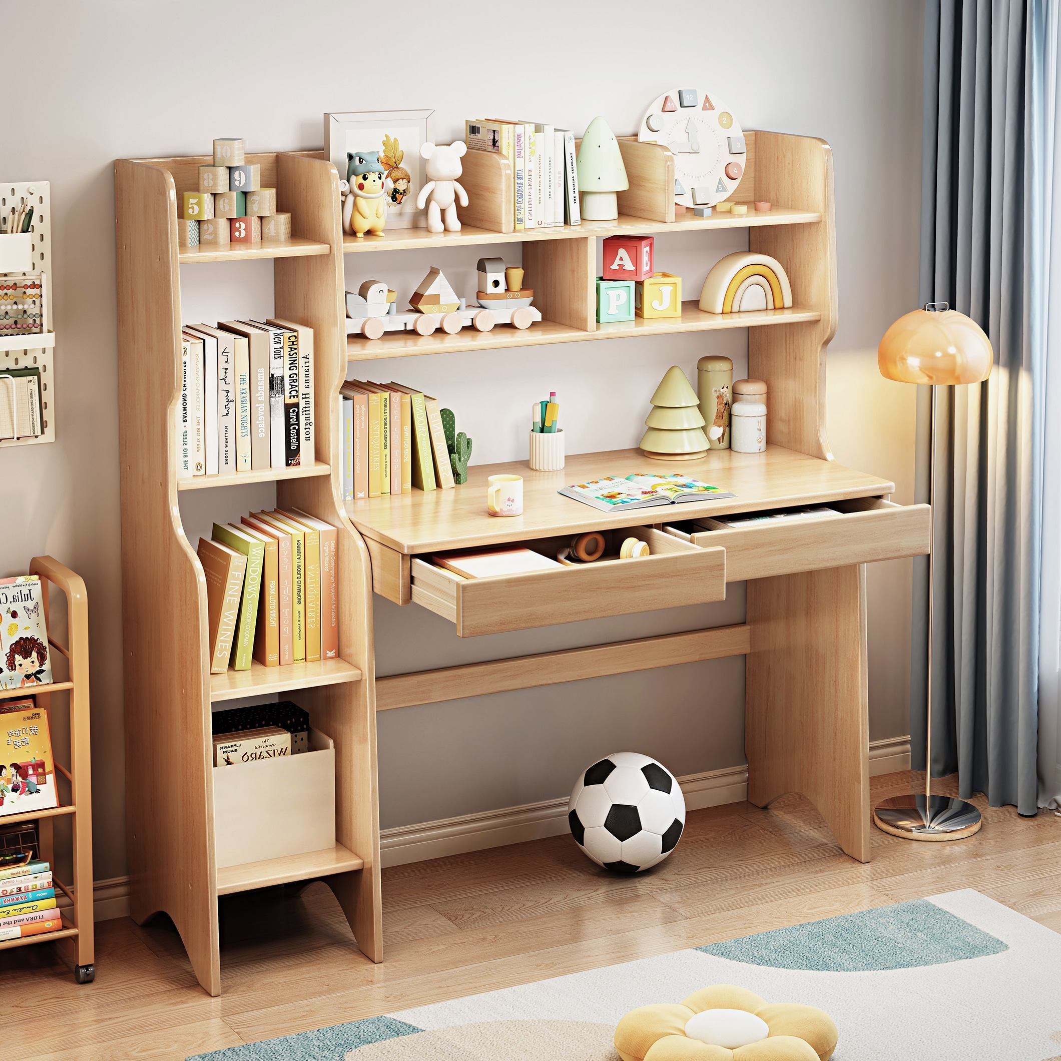Kids Study Desk without Chair Wooden Children Table with Bookshelf Simple Writing Table Brown