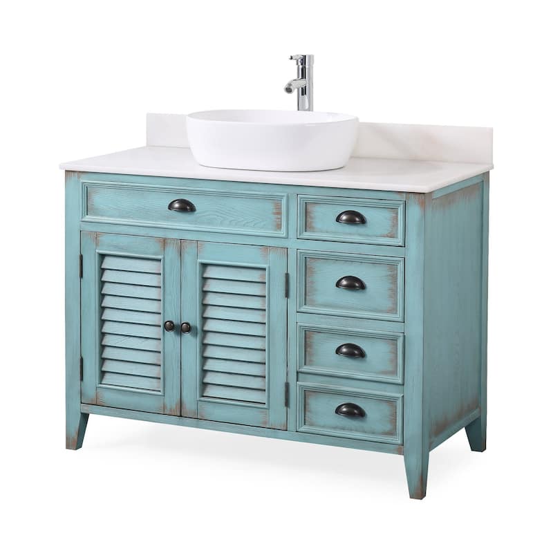 42" Abbeville Vessel Sink Vanity, Distressed Blue - Antique - Teal Blue - Single Vanities