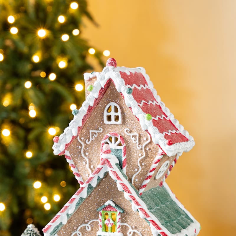 Glitzhome Lighted Christmas Gingerbread House Resin Village Xmas Table Decor Collectible Figurines