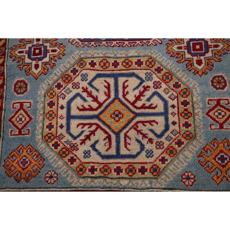 Blue Geometric Kazak Foyer Rug Bedroom Handmade Wool Carpet - 4'1" x 5'10"