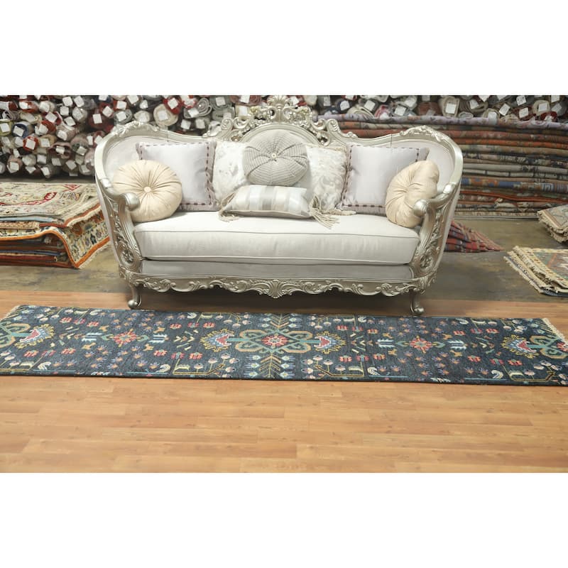 Hand-knotted Traditional Wool Grey Geometric Oriental Area Rug - 9' 11'' X 2' 5''