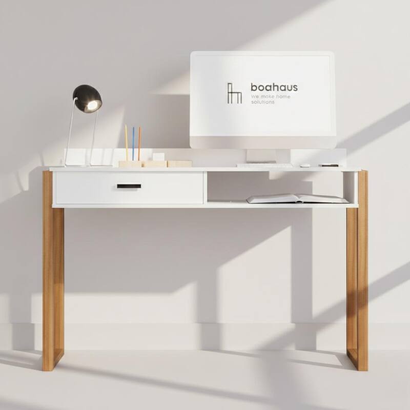 Modern Computer Desk with Drawer, Space-Saving, Shelf and Dual USB Charging Ports