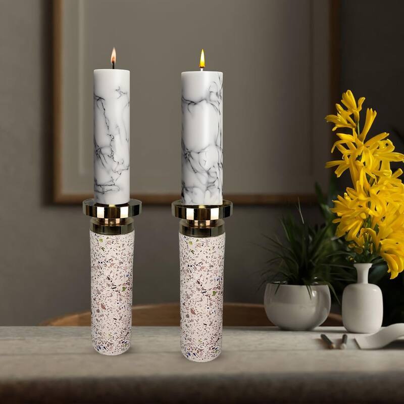 Pink Tall Cement Candlestick Set of Two with Gold Trim and Splattering