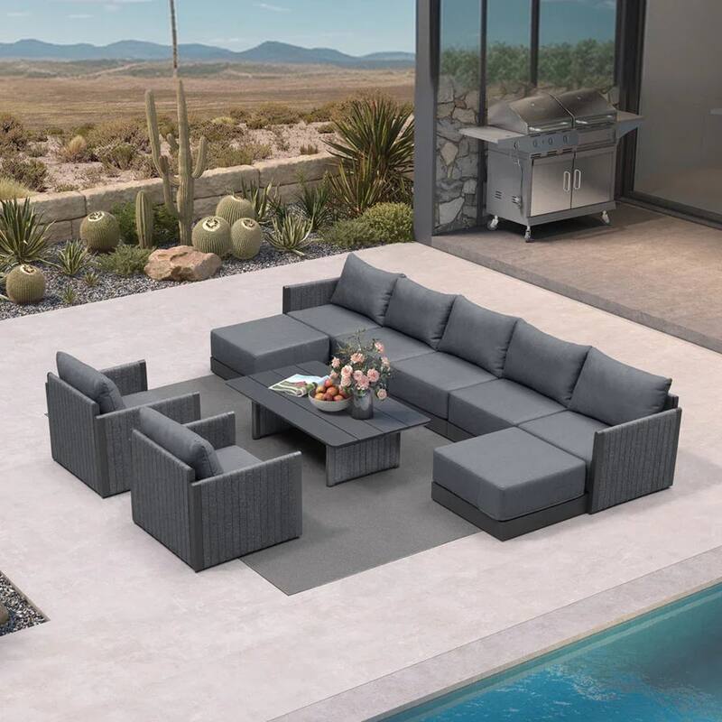 PURPLE LEAF Sanori Sectional Sofa Patio Conversation Set with Grey Ottoman and Cushion for Poolside Graden Couch - Symmetrical - 9-Piece+1-Table