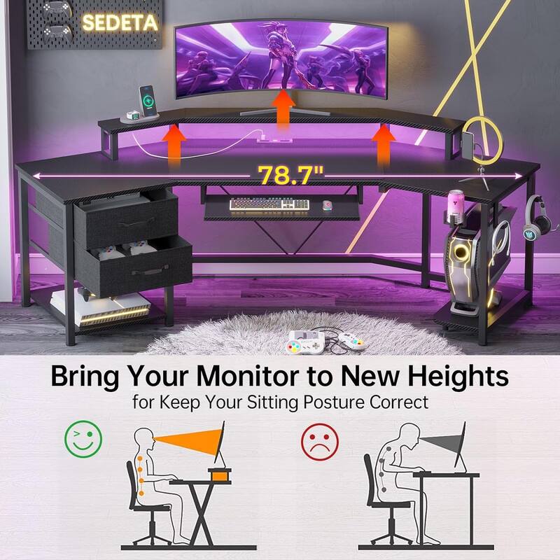 79" L Shape Gaming Desk Computer Desk 2 Fabric Drawers & LED Light