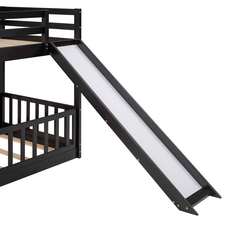 Solid Wood Twin Over Twin Size Low Bunk Bed with Slide and Ladder