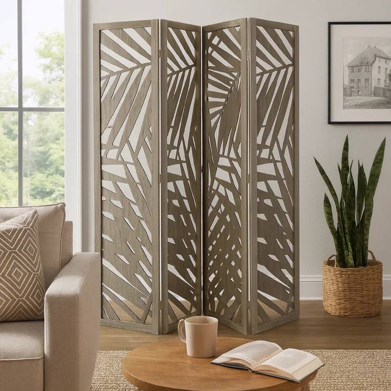 3 Panel Wooden Screen with Laser Cut Tropical Leaf Design, Gray
