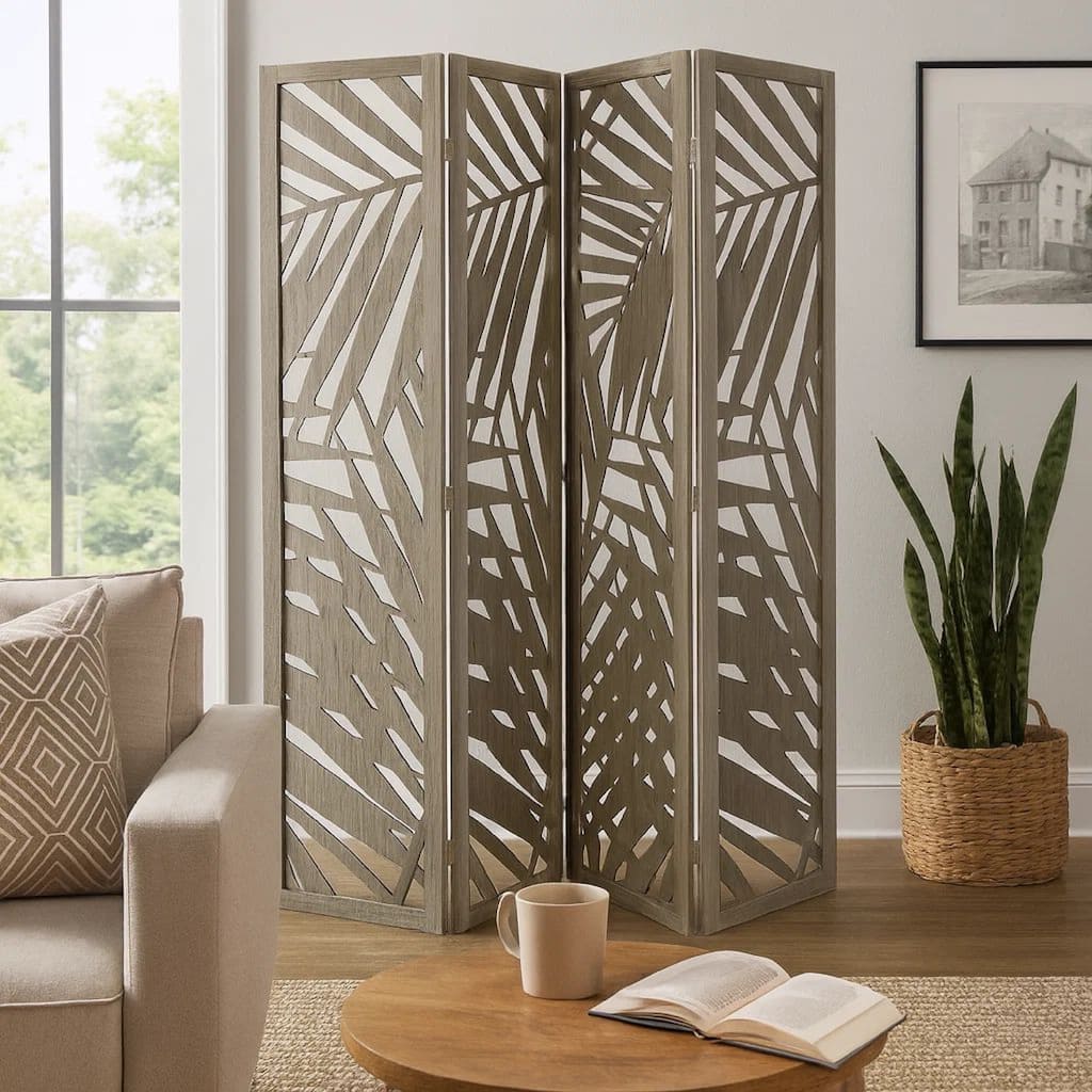 3 Panel Wooden Screen with Laser Cut Tropical Leaf Design, Gray