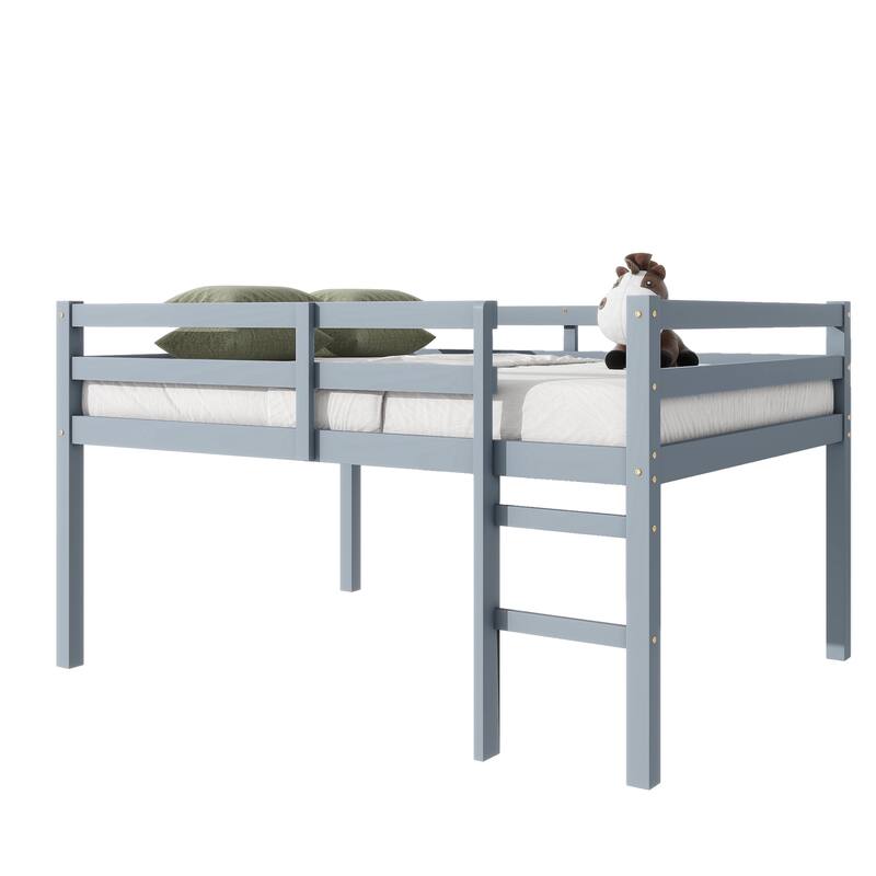 Solid Rubberwood Loft Bed Frame with Ladder, Guardrails and Underbed Storage Space - Low Height Design for Kids and Teens