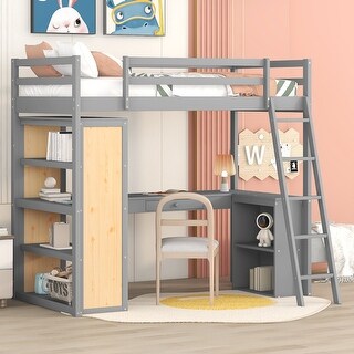Multifunctional Design Twin size Loft Bed with Storage Shelves, Desk and Ladder