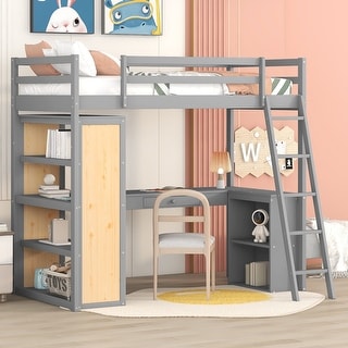 Twin Size Wood Loft Bed with Ladder, Shelves and Desk, Gray
