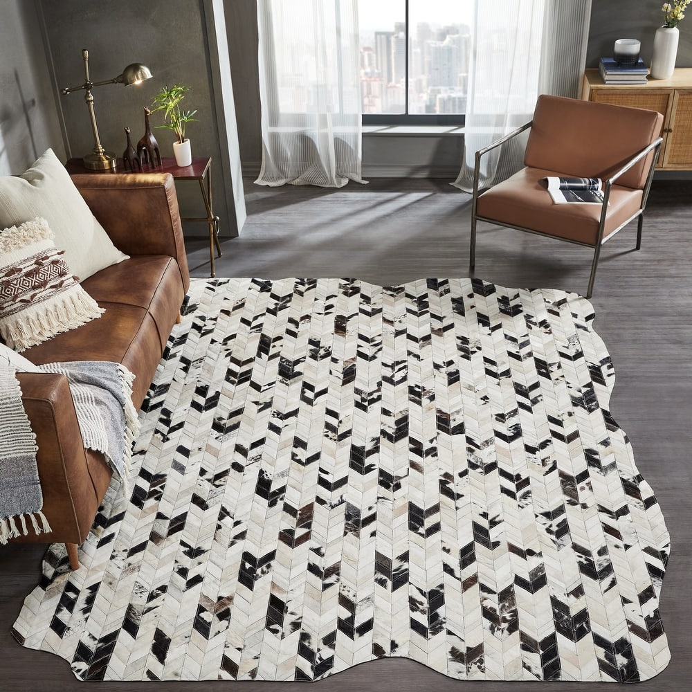 Pelle Leather Mosaic Chevron Abstract-Edged Area Rug