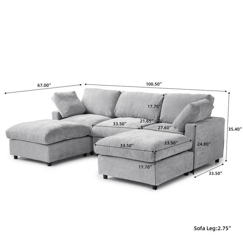 Minimalist U-shaped Upholstered Cloud Sofa 100.5" 3-Seater Chenille Modular Sectional Couch with 2 Ottomans for Living Room