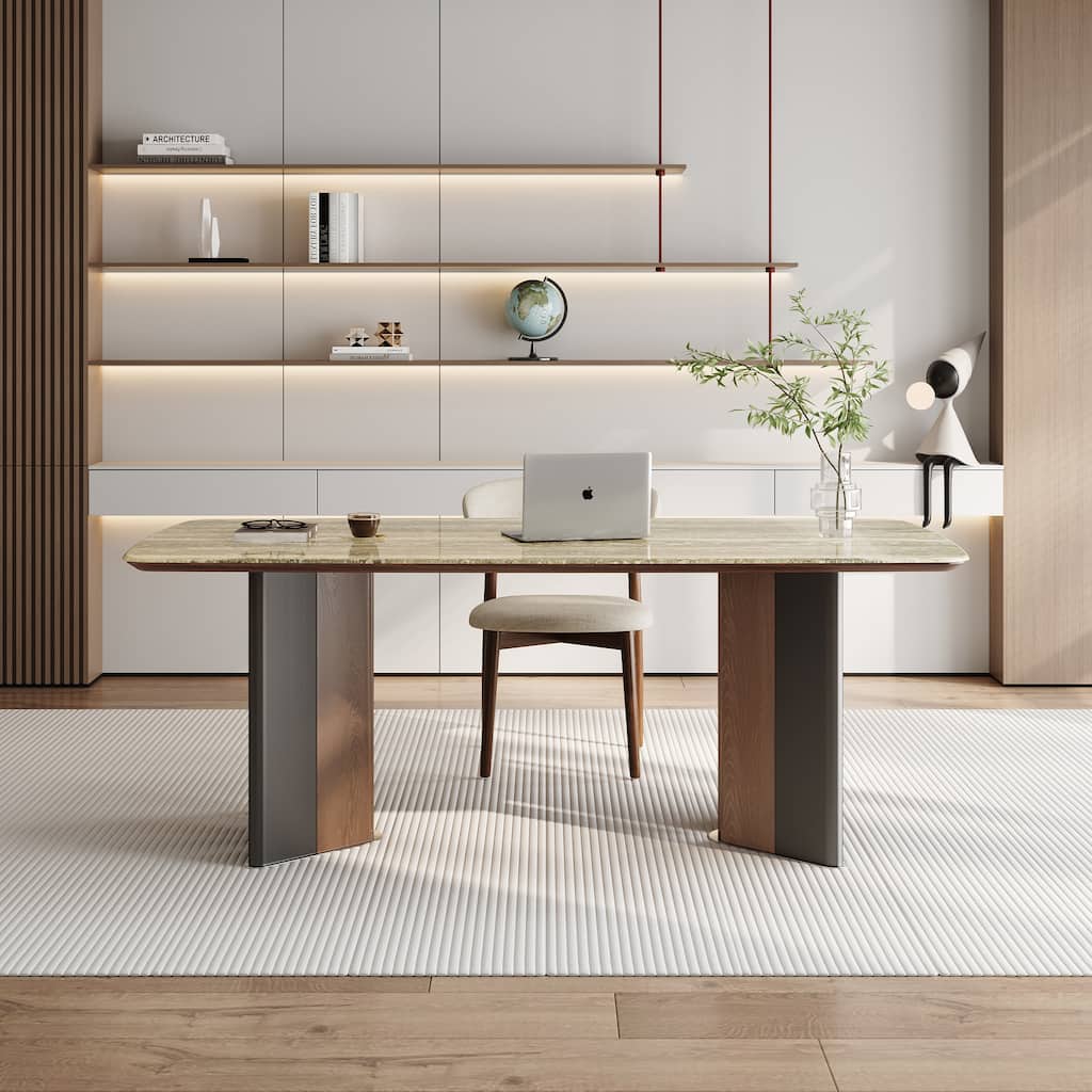 Modern 63" Retangular Wrining Desk, Faux Marble Table Top Desk With Double Legs