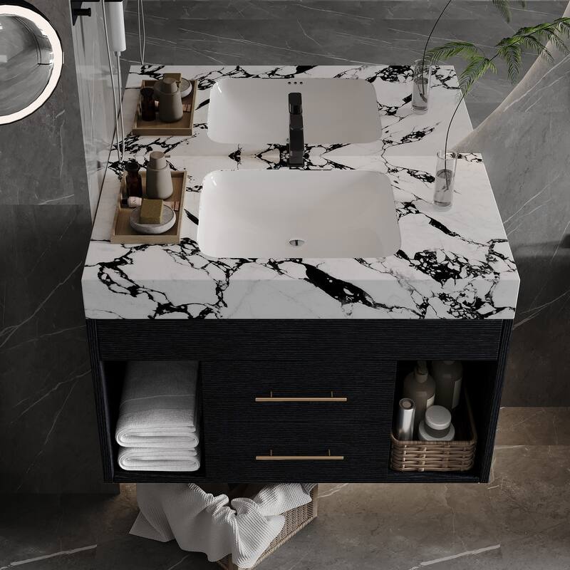 GDFStudio - Modern 29.9" Floating Bathroom Vanity with Sintered Stone Top, Ceramic Sink & U-Shape Drawers