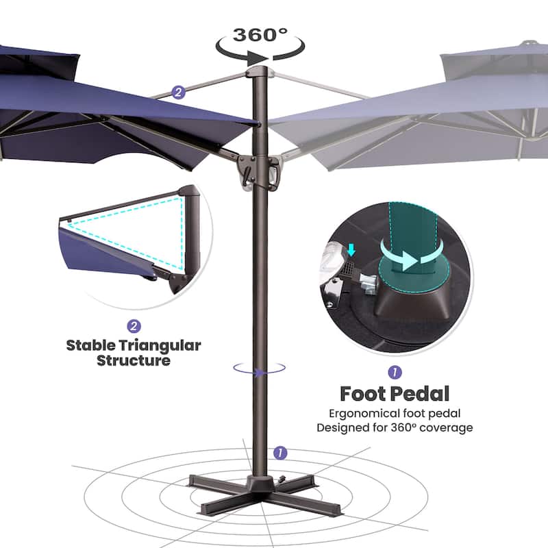 11 x 9 ft Outdoor Rectangular Patio Offset Cantilever Umbrella with 360-degree Rotation and 6 Shade Angles
