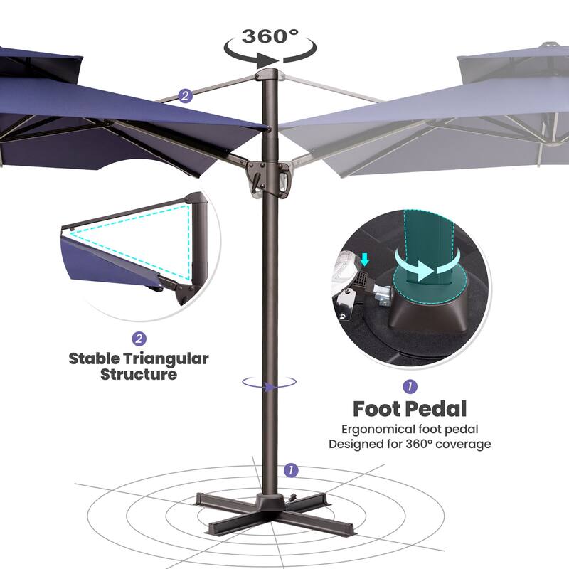 Outdoor Square 360 Degree Rotation Patio Cantilever Offset Umbrella with Base