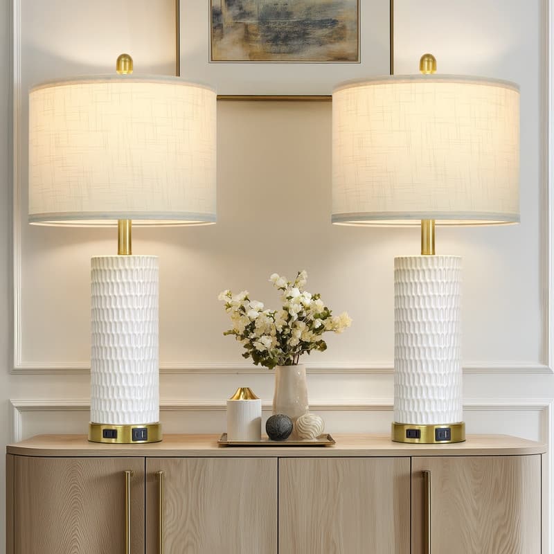 27'' White Elegant Table Lamps with USB-C Fast Charging, Ceramic Fixture(Set of 2 ) - 13'' x 13'' x 27''