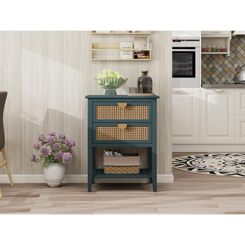 Roomfitters 2 Drawer Side Table, Rattan Nightstand End Table with Storage for Bedroom, Living Room