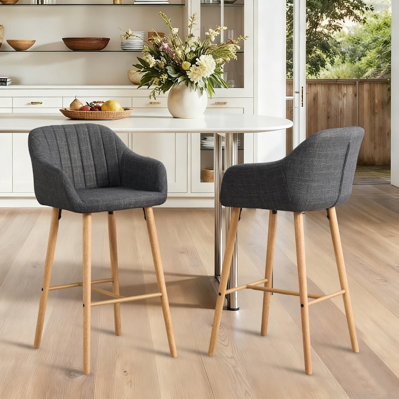 Modern Bar Stools Set of 2, Kitchen Island Tall Chairs with Back, Arm, Footrest and Solid Wood Leg, Upholstered Bar Stools