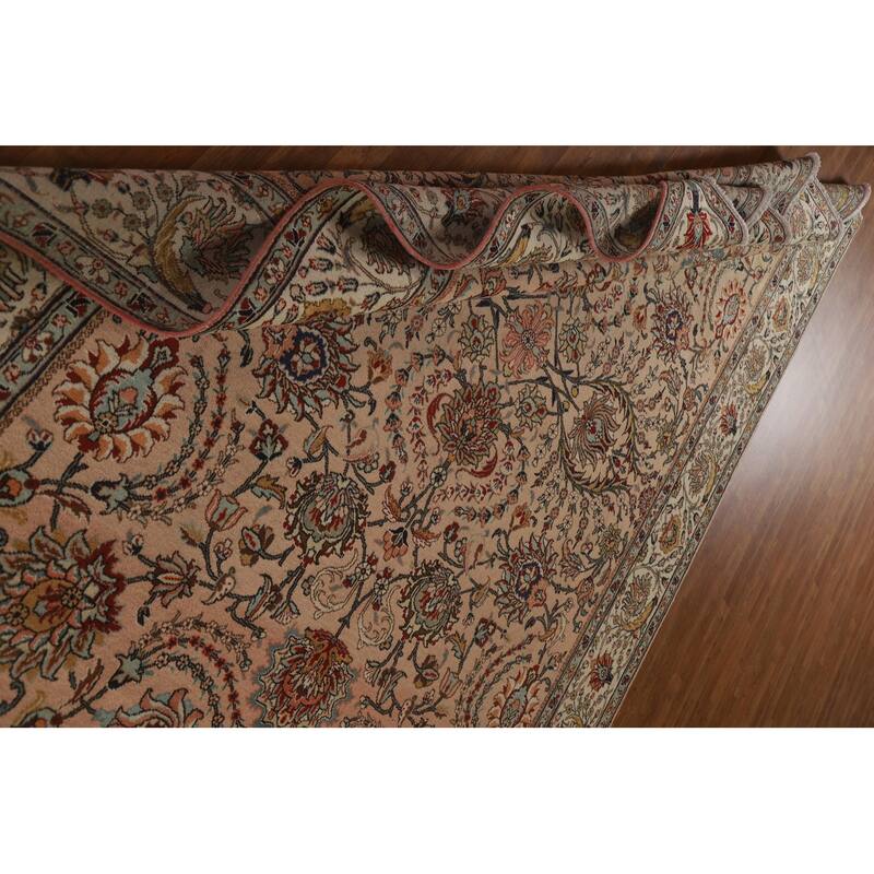 Hand Knotted Oriental 100% Wool Carpet Traditional All-Over Peach Tabriz Area Rug - 11' 2'' X 7' 7''