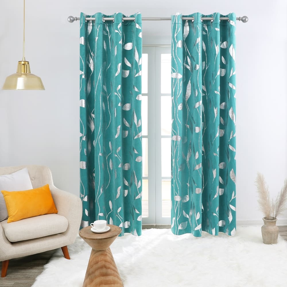 Velvet Curtains Room Darkening Silver Pattern Drapes 2 Panels