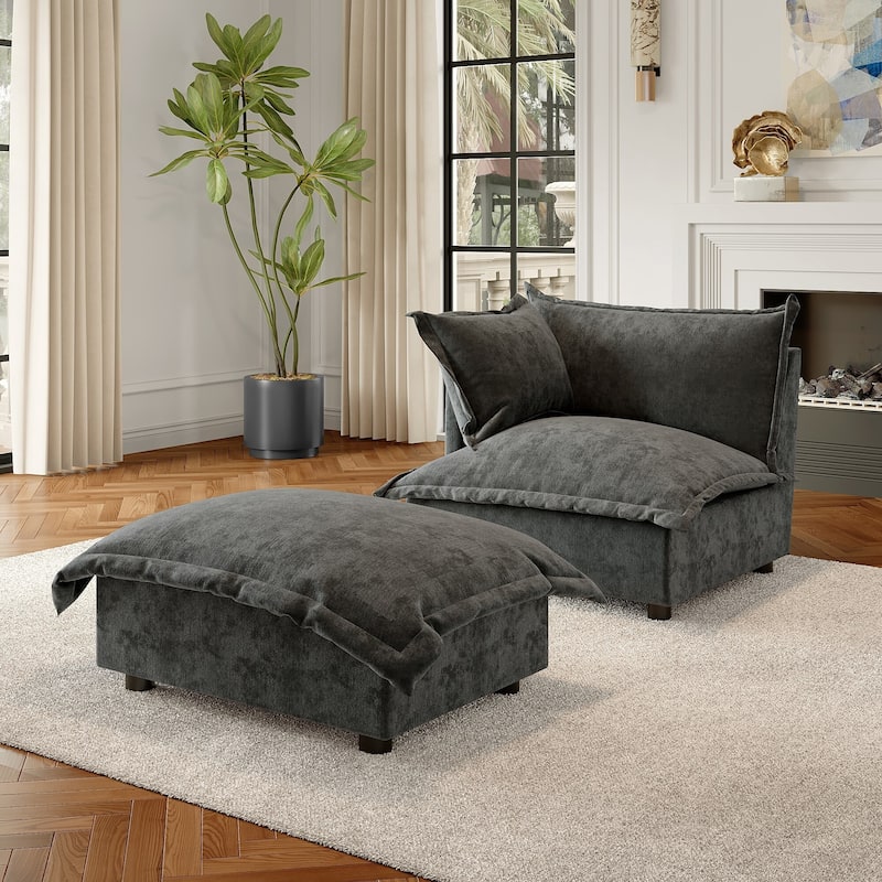 Modern Cloud Chaise Longue Accent Chair with Ottoman set - Dark Grey-left - Corner Chair+ottoman
