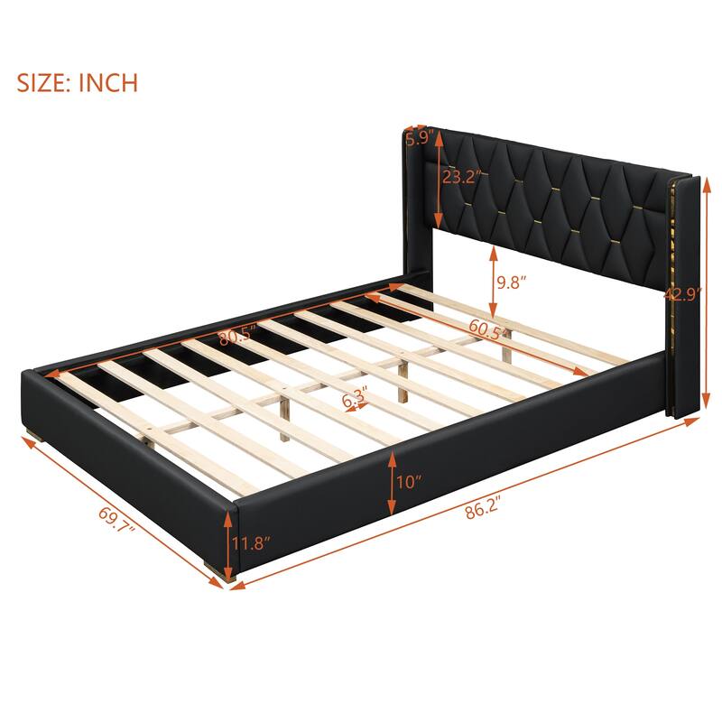 Modern PU Upholstered Bed with Metal Strips