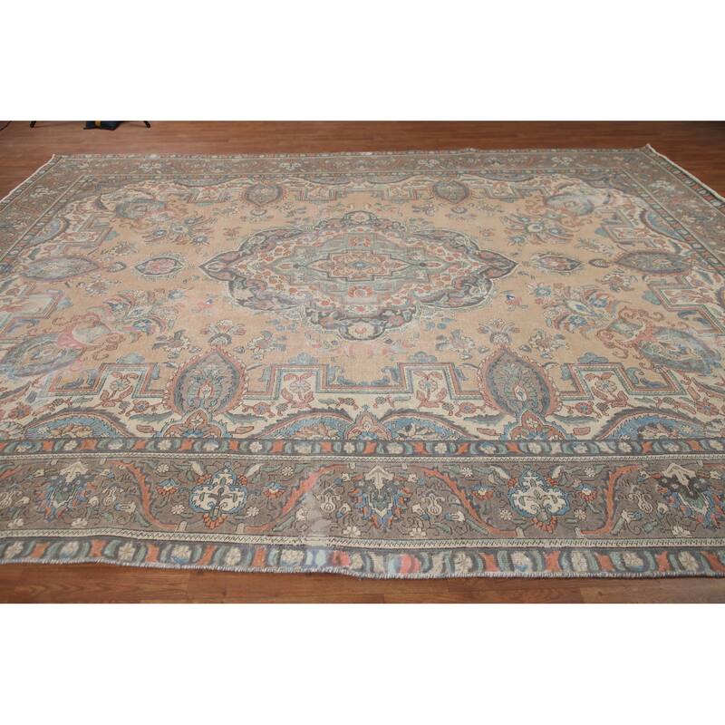 Hand Knotted Oriental 100% Wool Carpet Traditional Medallion Peach Tabriz Area Rug - 12' 8'' X 9' 8''