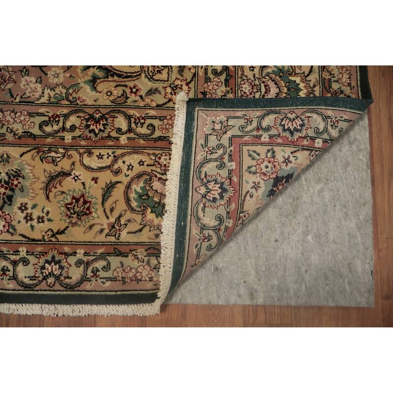 Hand Knotted Oriental Wool & Silk Carpet Traditional Floral Green Aubusson Area Rug - 9' 0'' X 6' 2''