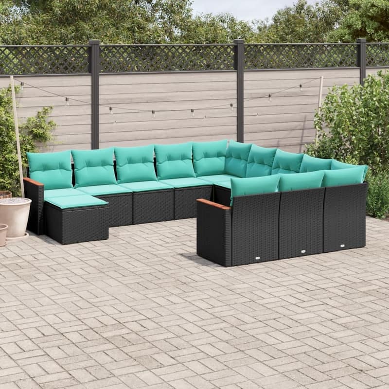 vidaXL 12 Piece Patio Sofa Set with Cushions Black Poly Rattan - 21.7x27.2x24.4-Without table