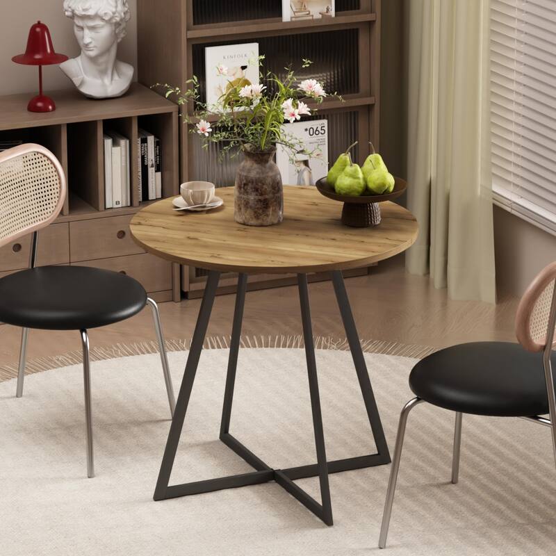Anmytek Round Dining Table Modern Wood Top and Metal Frame Brown Industrial Kitchen Table