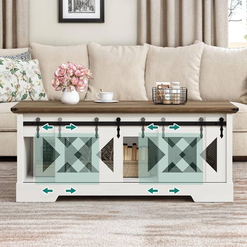 Moasis Lift Top Coffee Table with Hidden Storage and Shelves Farmhouse Sliding Barn Doors